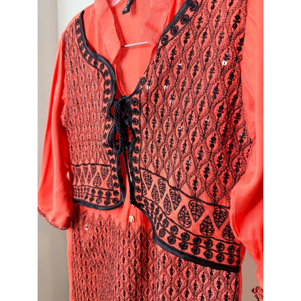 SK Collection Coral Orange Embroidered Sequin Tunic Dress Boho Lace Up Indian 34 - Picture 4 of 5